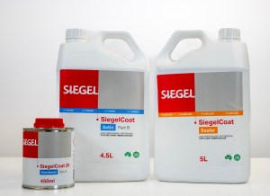 Three containers of SiegelCoat floor coating products displayed together, including a small can of hardener and two larger jugs labeled as SiegelCoat Base and Sealer.