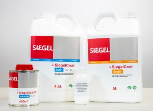 Three containers of SiegelCoat floor coating products, including a smaller can and two large bottles, showcasing the waterborne polyurethane offerings.
