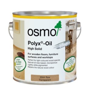 A can of Osmo Polyx-Oil with a label indicating it is a high solid oil finish for wooden floors, furniture surfaces, and worktops.