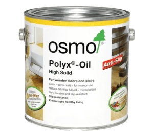 Can of OSMO Polyx Oil, a high solid finish for wooden floors and stairs, featuring a clear label with anti-slip properties.
