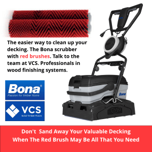 A Bona scrubber with red brushes displayed alongside promotional text about its benefits for cleaning decking.